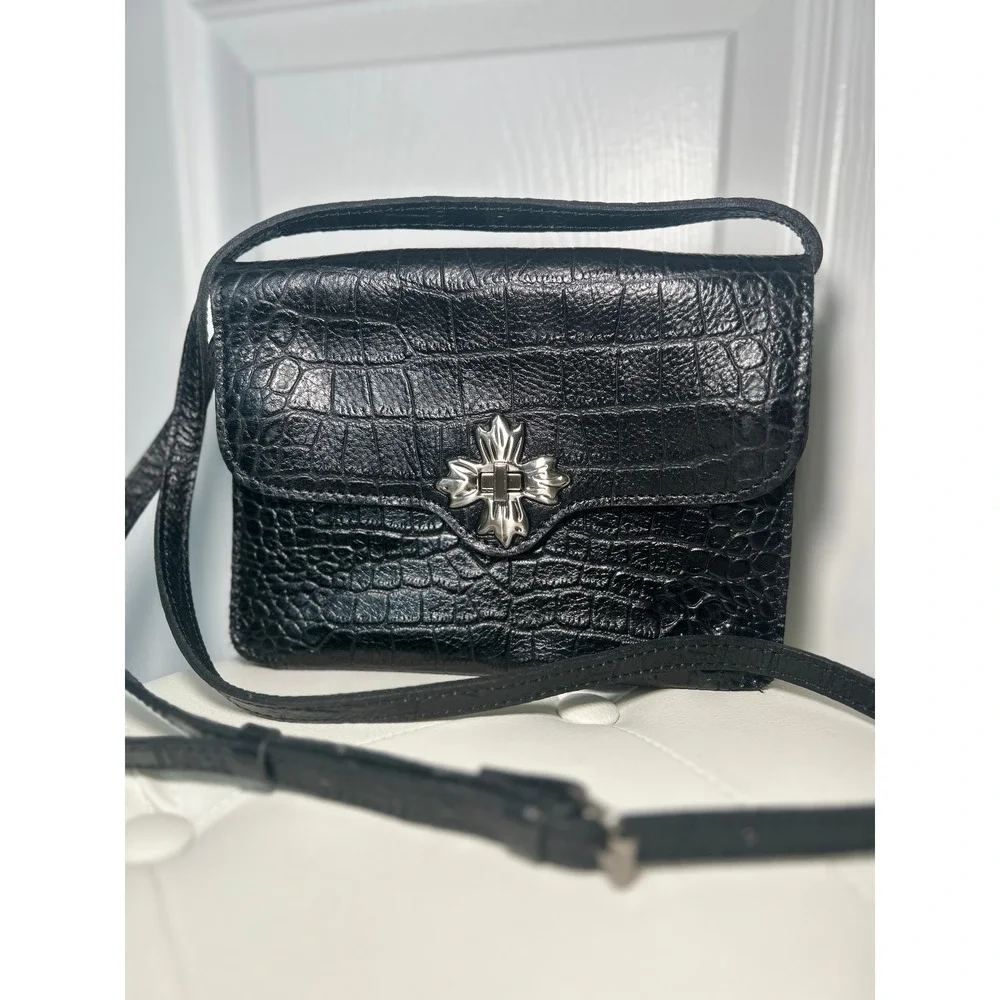 Patricia Nash Crossbody Bag Croc Embossed Black Leather Cross Turn Lock Small